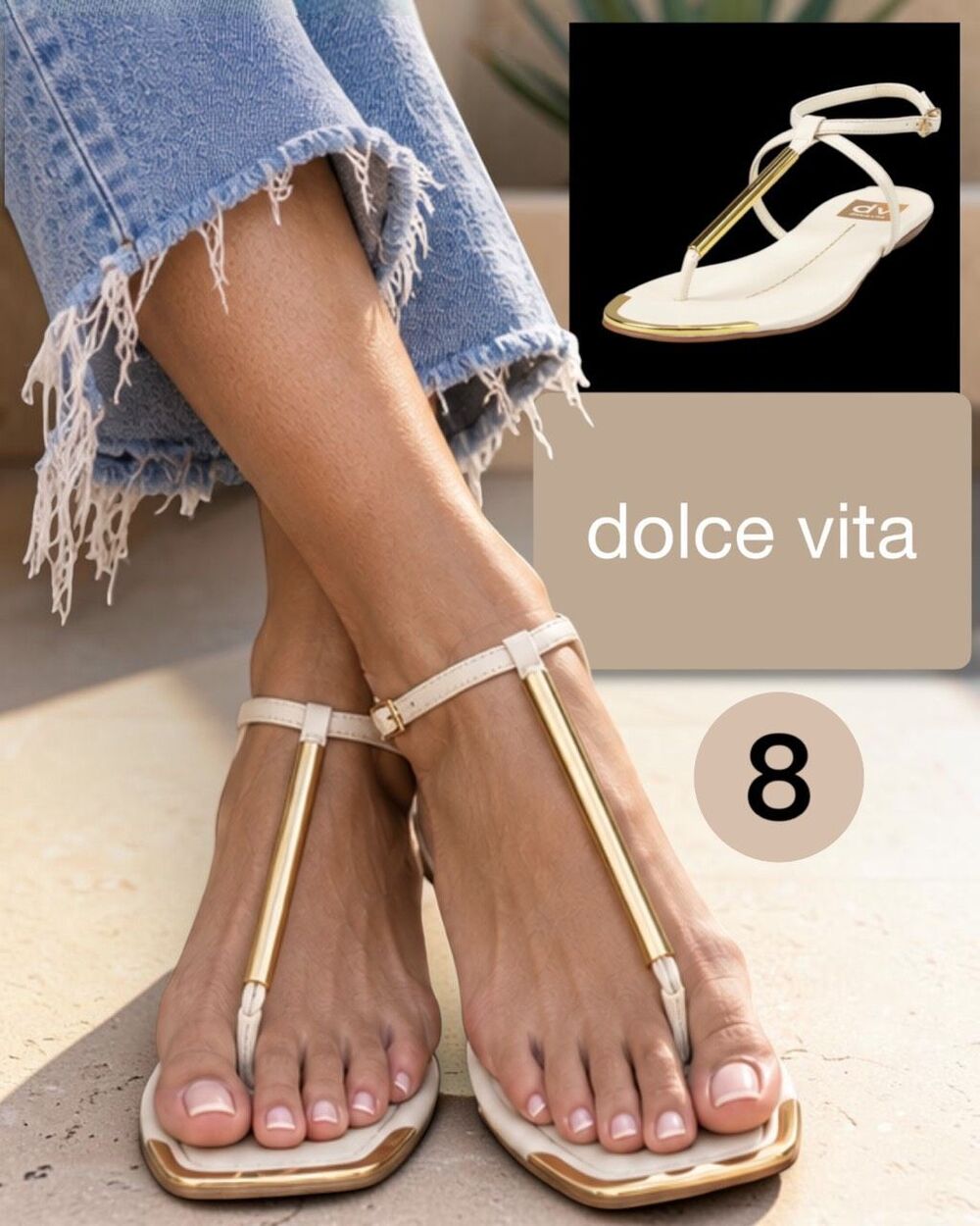 DV by Dolce Vita Women's T-Strap Square Toe Flat Sandals White Gold Size 8